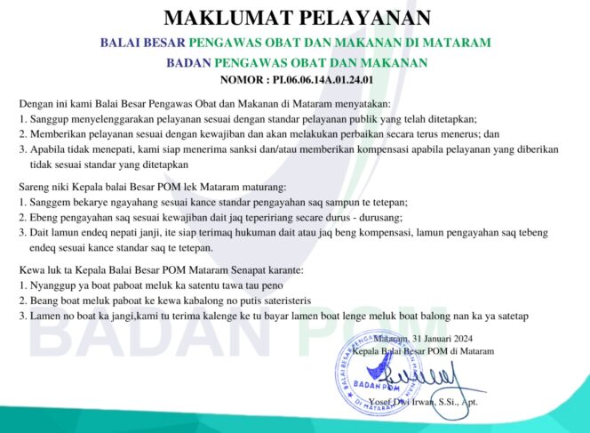 
					Balai Besar POM di Mataram Keluarkan Maklumat Pelayanan Publik, Cek Selengkapnya Disini