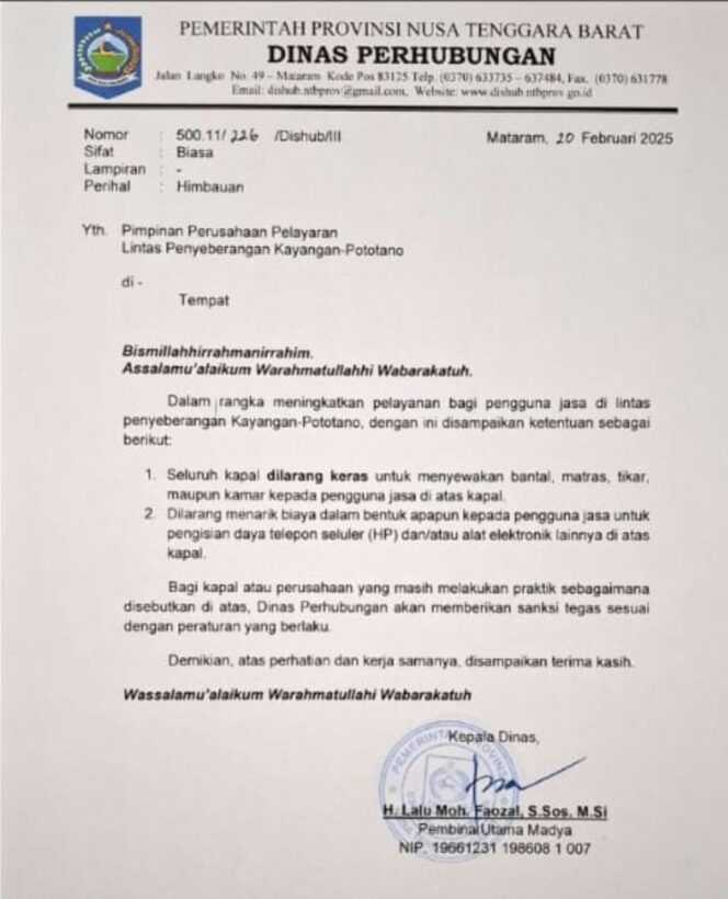 
					Dishub Larang Kapal Menyewakan Bantal, Matras, Tikar, Maupun Kamar Tidur kepada Penumpang