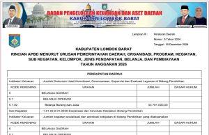 Rincian APBD menurut Urusan Pemerintahan Daerah, Organisasi, Program, Kegiatan, Sub Kegiatan, Kelompok, Jenis Pendapatan, Belanja, dan Pembiayaan Tahun Anggaran 2025