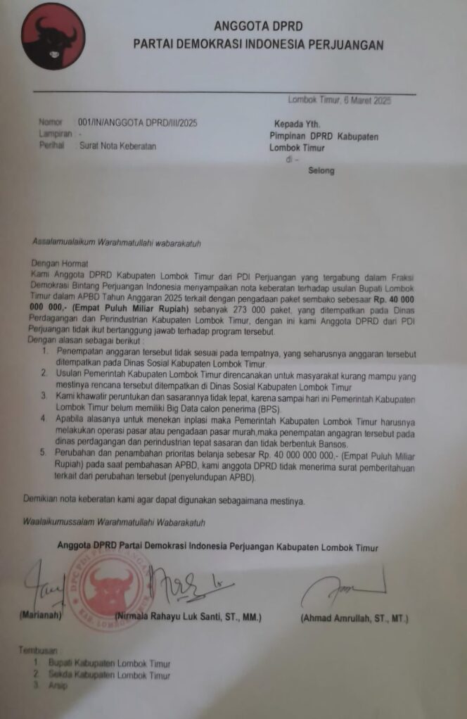 
					Anggota DPRD Lombok Timur dari PDIP Layangkan Surat Nota Keberatan Terkait Program Bansos RP 40 Miliar