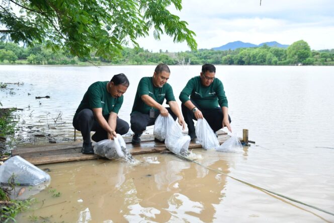 
					Direktur Utama Bank NTB Syariah, Nazaruddin melepas bibit ikan di Kawasan Bendungan Penyaring Sumbawa. (Foto : Dok/Istimewa) 