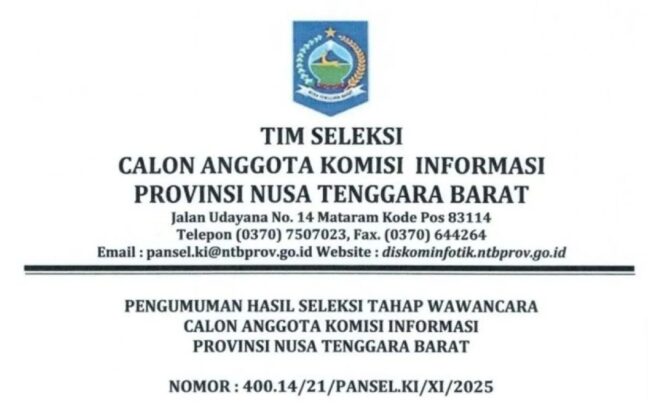 
					Pengumuman 15 peserta Calon Anggota KI NTB yang lolos tahap seleksi wawancara untuk periode 2025-2029. Foto (Tangkapan layar) 