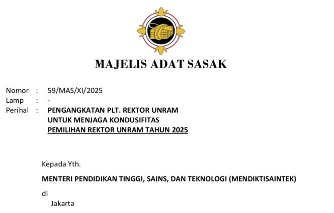 
					Surat Majelis Adat Sasak untuk Menteri Pendidikan Tinggi, Sains dan Teknologi (Foto : Dok/tangkapan layar) 