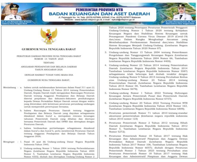 
					PERATURAN DAERAH PROV NTB NO. 15 TAHUN 2025 TENTANG ANGGARAN PENDAPATAN & BELANJA DAERAH TAHUN ANGGARAN 2026
