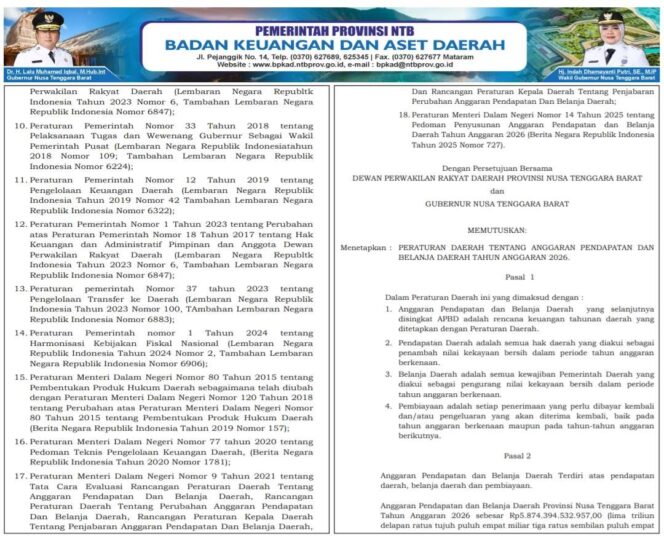 
					PERATURAN DAERAH PROV NTB NO. 15 TAHUN 2025 TENTANG ANGGARAN PENDAPATAN & BELANJA DAERAH TAHUN ANGGARAN 2026