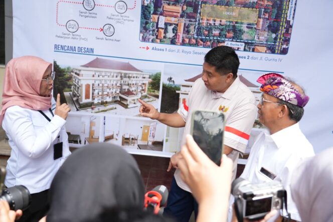 
					Menteri Perumahan dan Kawasan Permukiman, Maruarar Sirait menjelaskan desain rusun kepada Gubernur Bali dan Media. (Foto: Dok Kementerian PKP) 