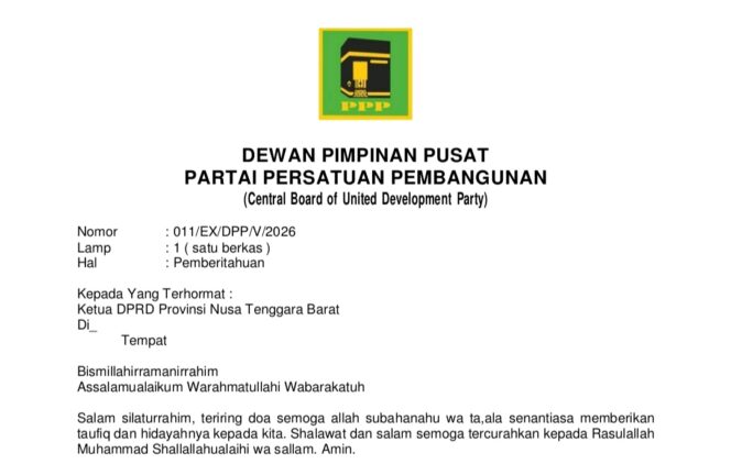 
					Screenshot surat pemberitahuan tentang pembatalan DPW PPP NTB periode 2026-2031.