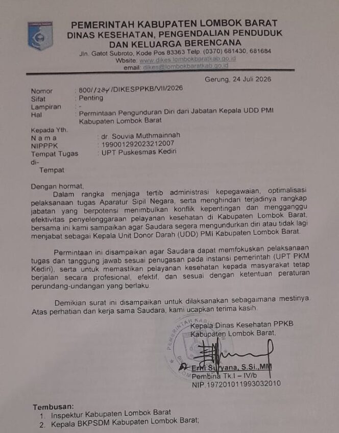 
					Rangkap Jabatan Dokter Puskesmas Kediri, Dikes Lobar Minta Kepala UDD PMI Mengundurkan Diri